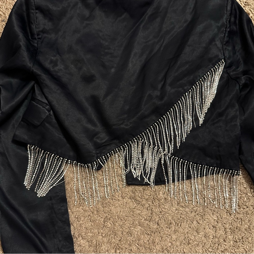 Free People ‘Deena’ Cropped Blazer Rhinestone Fringe Black Satin Blazer M EUC - Picture 7 of 10